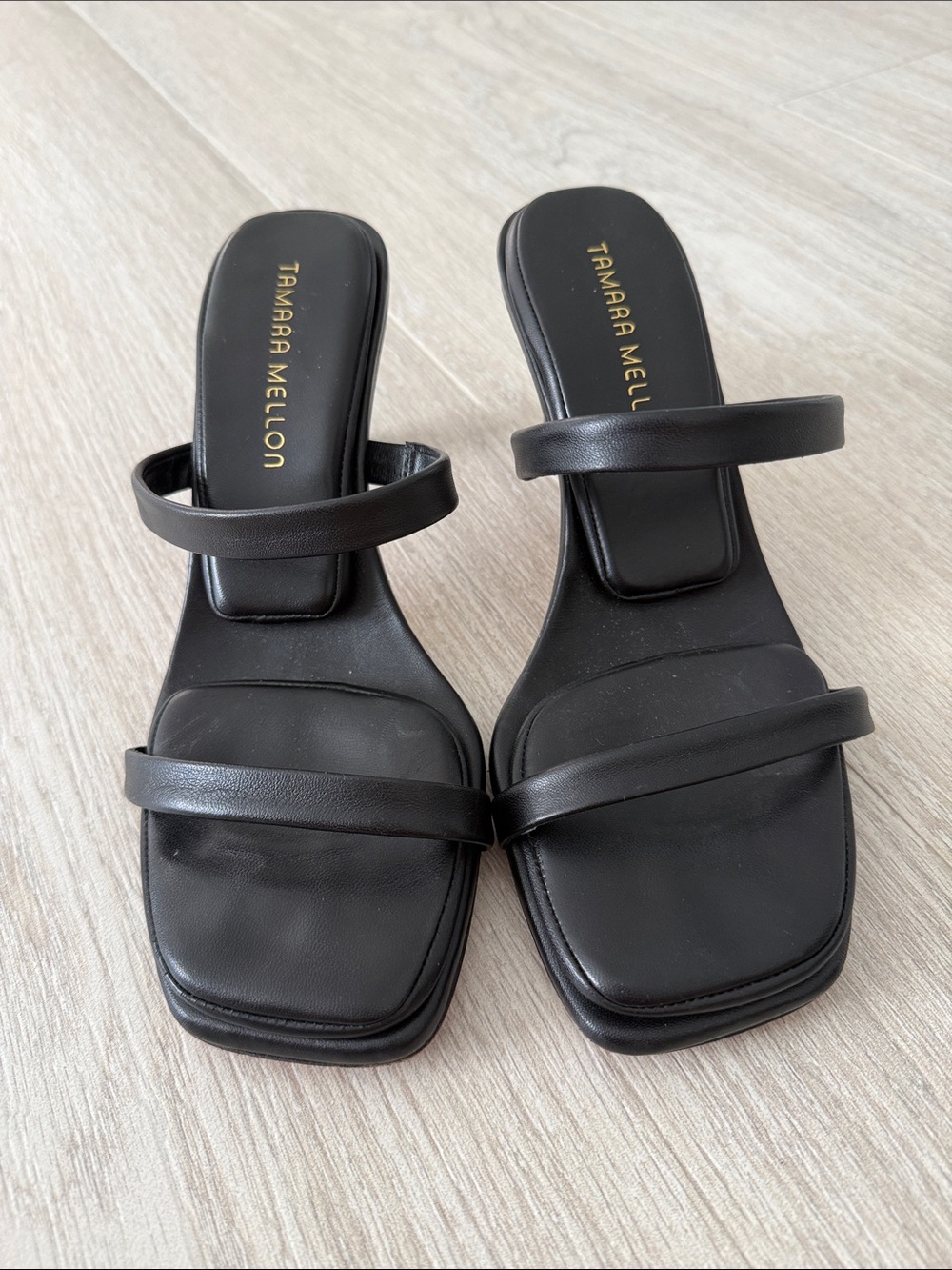 Tamara Mellon Black Double-Strap Square-Toe Slide Mules